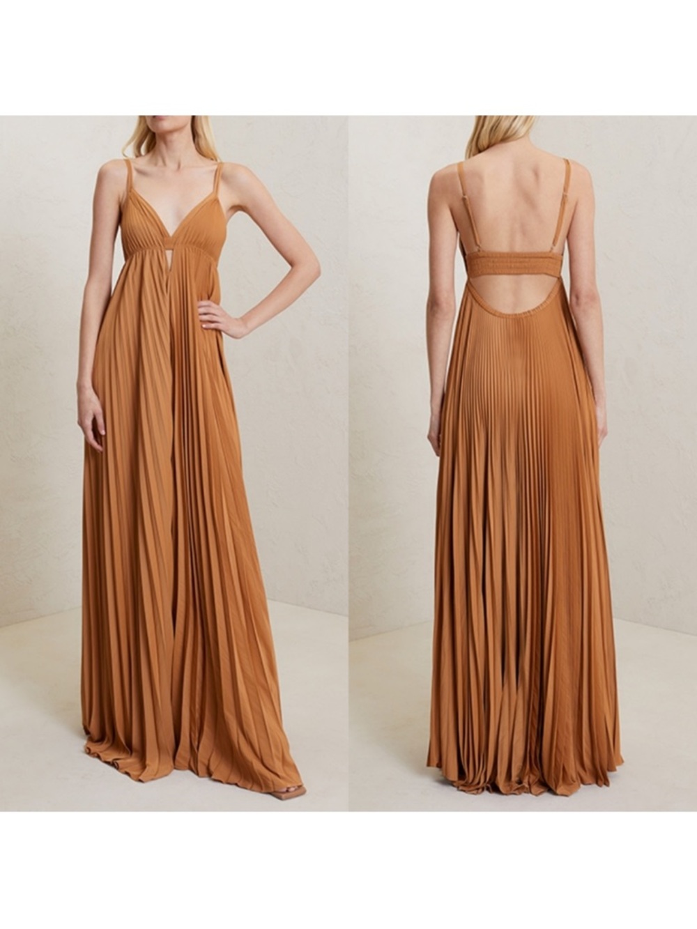 A.L.C. Spaghetti-Strap Pleated Maxi Dress in Camel | Arianna Pleated Maxi Dress - Picture 4 of 4